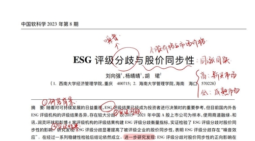 2022-2015年中国软科学全文复刻现《ESG评级分歧与股价同步性》（噪音分析、信息效应、倾向得分匹配PSM、固定效应、KV指数、聚类标准误、分析师预测）