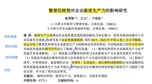 2024年顶刊全文复现《数智化转型对企业新质生产力的影响研究》（数字化转型、企业吸收能力、研发、市场竞争强度、工具变量法、企业生命周期）